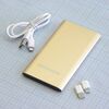 Аккумулятор внешн. портативн. (4000mAh), power bank, 4ah, 2usb(2a), литий-полимерный, алюм.корпус 12*7, золотой, led индикатор заряда, 3 разъема(кабель micro usb, адаптер lightning, адаптер type c)