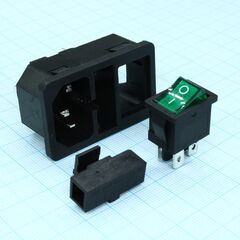 KLS1-AS-303-4-4GS, разъем 220в вилка на блок, 3 контакта, с выключателем и держателем для предохранителя 5х20мм, крепление защёлка,10a