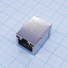 TRJ19425BHNL, разъем экр. "гнездо" rj-45 c согласующ. фильтром 10/100base-tx (1:1), гориз., поверхностн. монтаж на плату (с крепл. "solder nail"), 2 верхн. светодиод. (лев.зел./прав.желт.), без лепестк., от -40...+85°с, lк. = 23.05 мм, упак. на ленте