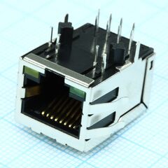 TRJ4011ABNL, разъем экр."гнездо" rj-45 c согласующ. фильтром 10/100base-tx(1:1), 2 нижн. светодиод. (лев. зел./прав. желт.), с лепестк., от - 40 до + 85 гр.c, пр. угол на плату, lк.= 21.3 мм (аналог j0011d21bnl*/ hfj11-e2450e-l12rl*/ j00-0065nl**)