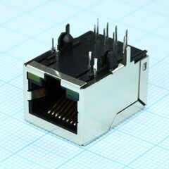 TRJ0011TBNL, разъем экр."гнездо" rj-45 c согласующ. фильтром 2 нижн. светодиод. (лев. зел./прав. желт.) 0...+70°c, пр. угол на плату