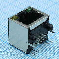 RJHSE-5381, разъем rj-45 розетка 16 контактов шаг 1.02мм угловой монтаж в отверстие 24 терминала 1 порт