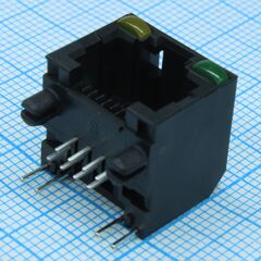 RJHSE-5081, разъем rj-45 розетка 8 контактов шаг 1.02мм угловой монтаж в отверстие 12 терминалов 1 порт
