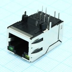 TRJ1004AGNL, разъем экр."гнездо" rj-45 с согласующ. фильтром 10/100base-tx (1:1), 2 верхн. светодиод. (лев. желт./прав.зел.), с лепестк., от 0 до + 70 гр.c, пр. угол на плату, lк. = 25.4 мм