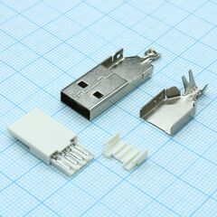 USB A 15 вилка на кабель, разъем usb тип а, вилка на кабель с кожухом l=36мм, 4 контакта