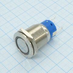 DS PS-64 БФС подсветка 12V, антивандальная кнопка без фиксации, 1группа на переключение, 220в 5а, синяя светодиодная подсветка на 12в, диаметр резьбы 19мм