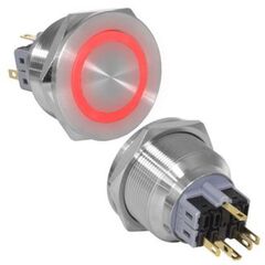 GQ28PF-11ZE/R/N ON-OFF+OFF-ON, антивандальная кнопка металлическая с фиксацией и с подсветкой, посадочная резьба м28, контакты под пайку