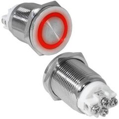 GQ19PF-10ZE/R/N OFF-ON, антивандальная кнопка металлическая с фиксацией с кольцевой красной подсветкой, посадочная резьба м19, контакты под винт