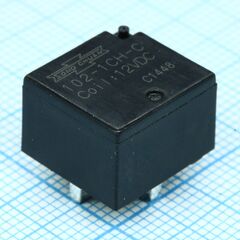 102-1CH-C 12VDC, реле автомобильное, пайка в плату. упр.: 12vdc, потр. мощн.: 0.64w. комм.:no/nc 20а/10a 14vdc, конт.: 1 перекидной, размер (lxwxh) мм: 14.0 х 13.0 х 9.5