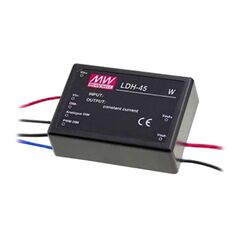 LDH-45B-1050W, dc/dc led повышающий, вход 18…32в, выход 21…43в/1.05а, кпд до 95%, вход on/off/dimm, 75x53x22.7мм, проводные выводы, -40…70°c, пластик