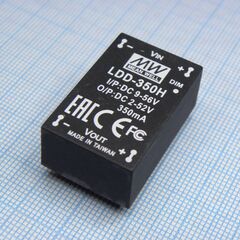 LDD-350H, dc/dc led понижающий, вход 9…56в, выход 2…52в/0.35а, кпд до 97%, вход on/off/dimm, 31.8x20.3x12.2мм, dip, -40…85°c, пластик