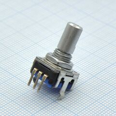 PEC11R-4215F-N0012, энкодер pec11, 24 щелчка, 12 импульсов, металлический вал с лыской 15мм, горизонтальные выводы, крепление на гайку 7мм