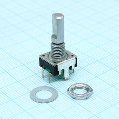 PEC11R-4220F-S0012, энкодер pec11, 24 щелчка, 12 импульсов, металлический вал с лыской 20мм, с кнопкой, горизонтальные выводы,крепление на гайку 7мм