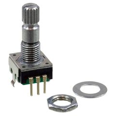 PEC11R-4120K-S0018, энкодер pec11, 18 щелчков, 18 импульсов, металлический вал с насечкой 20мм, с кнопкой, горизонтальные выводы, крепление на гайку 7мм