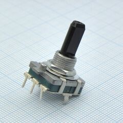 PEC16-4220F-N0024, энкодер pec16, 24 щелчка, 24 импульса, пластмассовый вал с лыской 20мм, горизонтальные выводы, крепление на гайку 9мм без крепежа