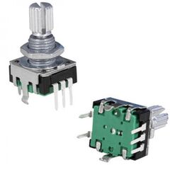 PEC11R 24/24 15MM PUSHPIN, энкодер pec11, 24 щелчка, 24 импульса, металлический вал с насечкой 15мм, с кнопкой, горизонтальные выводы, крепление на гайку 7мм