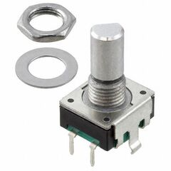 PEC11R-4115F-S0018, энкодер pec11, 18 щелчков, 18 импульсов, металлический вал с лыской 15мм, с кнопкой, горизонтальные выводы, крепление на гайку 7мм