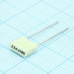 R82EC2220DQ50J, конденсатор металлоплёночный полиэтилентерефталатный 0.022мкф 100в ±5% (7.2х2.5х6.5мм) шаг выводов 5мм 105°с автомобильного применения