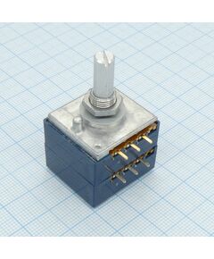 RK27112A00AK, резистор непроволочный переменный сдвоенный горизонтальный вал 20мм, 100ком, 0.05вт, для регулятора громкости логариф. хар-ка (15a)