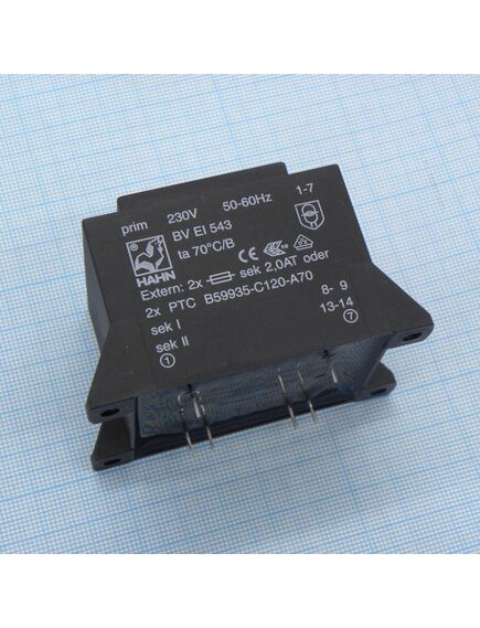 BV EI 543 1177, трансформатор питания 22ва 230в 2x18в 612ма термопредохранитель 70/b (ei 54/25.5 мм)47.4мм