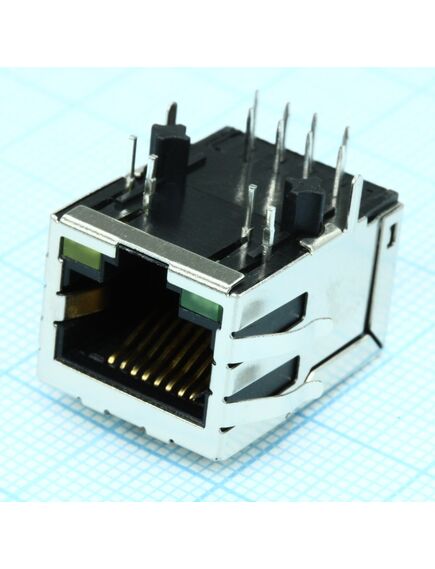 TRJ4011ABNL, разъем экр."гнездо" rj-45 c согласующ. фильтром 10/100base-tx(1:1), 2 нижн. светодиод. (лев. зел./прав. желт.), с лепестк., от - 40 до + 85 гр.c, пр. угол на плату, lк.= 21.3 мм (аналог j0011d21bnl*/ hfj11-e2450e-l12rl*/ j00-0065nl**)
