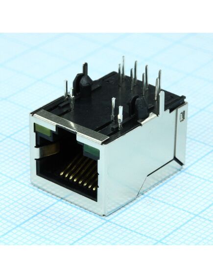 TRJ0011TBNL, разъем экр."гнездо" rj-45 c согласующ. фильтром 2 нижн. светодиод. (лев. зел./прав. желт.) 0...+70°c, пр. угол на плату