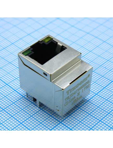 TRJD4798BENL, разъем экран."гнездо" rj-45 c согласующ. фильтром 1000base-tx (1:1) gigabit, с poe ieee 802.3, вертикальный на плату, 2 светодиода (зеленый/желтый), без лепестков, от - 40 до + 85 гр.c