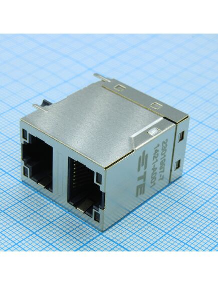 2301997-7, разъем rj-45 розетка 16 контактов шаг 1.27мм угловой монтаж в отверстие 30 терминалов 2 порта лоток