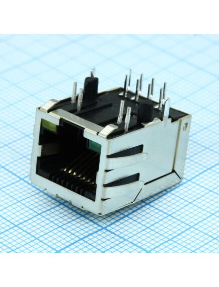 J0026D21BNL, разъем модульный rj-45 розеика 8 контактов шаг 2.54мм угловой монтаж в отверстие 12 терминалов 1 порт