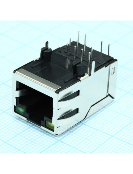 TRJ1004AGNL, разъем экр."гнездо" rj-45 с согласующ. фильтром 10/100base-tx (1:1), 2 верхн. светодиод. (лев. желт./прав.зел.), с лепестк., от 0 до + 70 гр.c, пр. угол на плату, lк. = 25.4 мм