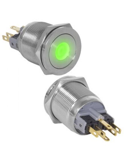 GQ22PF-11ZD/G/N ON-OFF+OFF-ON, антивандальная кнопка металлическая с фиксацией, посадочная резьба м22, контакты под пайку, с подсветкой