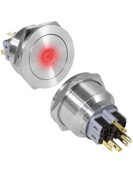 GQ28PF-11ZD/R/N ON-OFF+OFF-ON, антивандальная кнопка металлическая с фиксацией и с подсветкой, посадочная резьба м28, контакты под пайку