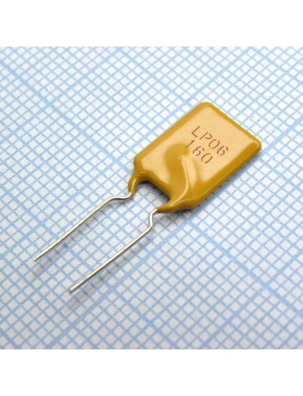 LP06- 160F, самовосстанавливающийся предохранитель ptc 1.6a(hold) 3.2a(trip) 6v 40a 0.9w 9s 0.05ohm radial 9 x 3 x 17.9mm bag