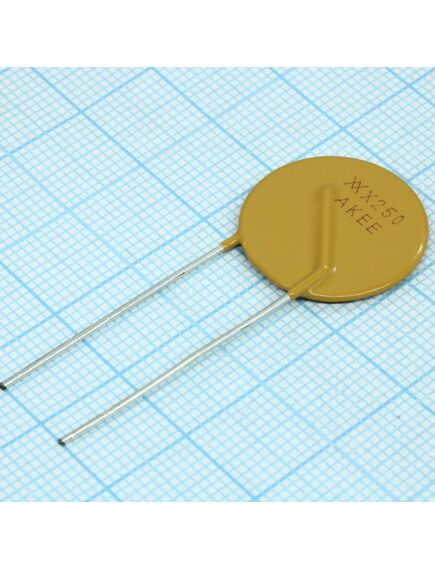 RXEF250-2, самовосстанавливающийся предохранитель ptc 2.5a(hold) 5a(trip) 72v 40a 2.5w 15.6s 0.05ohm, радиальные выводы, 20.8 x 3 x 25.4mm, лента в катушке