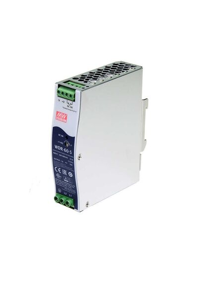 WDR-60-5, преобразователь ac-dc на din-рейку 50вт, выход 5в/0…10a, рег. вых=5…6в, вход 180…550v ac, 47…63гц /254…780v dc, изоляция 3000в ac, в кожухе 32х125.2х102мм, -30…+85°с