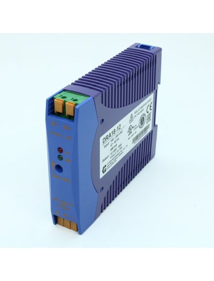 DRA18-12, преобразователь ac-dc на din-рейку 18вт, выход 12в/1.5a, рег. вых 10.8…13.8в, вход 90…265v ac, 47…63гц / 120...370v dc , изоляция 3000v ac, : 115х90х23мм, -20…+71°с, пружинные клеммы