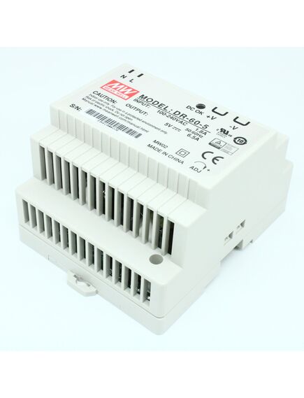 DR-60-5, преобразователь ac-dc на din-рейку 32.5вт, выход 5в/0…6.5a, рег. вых=±10%uном, вход 85…264v ac, 47…63гц /120…370в dc, изоляция 3000в ac,в кожухе 78х93х56мм, -20…+50°с