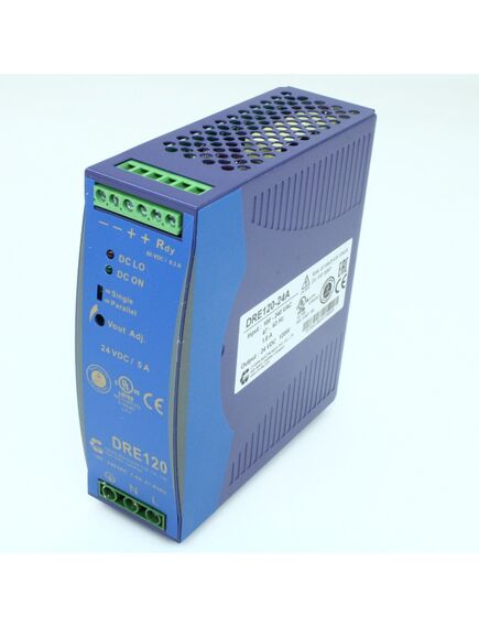 DRE120-24A, ac-dc, din-рейка, крепление провода под винт, 120вт, ккм, вход 88…264в ac, 47…63гц /120…375в dc, выход 24в/5a, рег. вых=22.5…28.5в, изоляция 3000в ac, на din рейку, 124.5x40х123.6мм, -40…+71°с