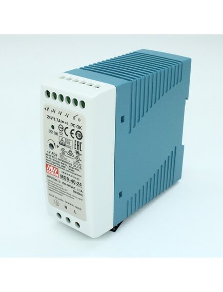 MDR-40-24, преобразователь ac-dc на din-рейку 40вт, выход 24в/1,66a, рег. вых 24…30в, вход 85…264v ac, 47…63гц /120…370в dc, изоляция 3000в ac, в кожухе 40х90х100мм, -20…+70°с