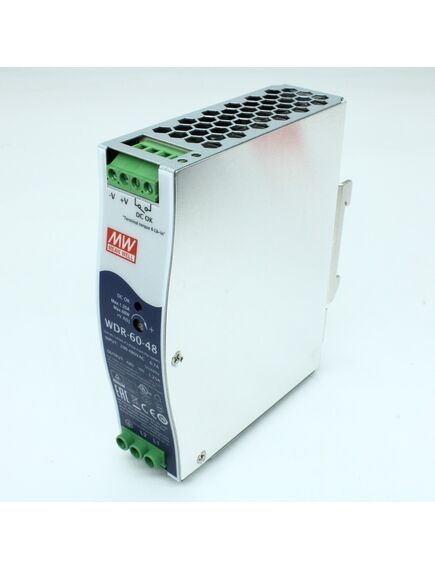 WDR-60-48, преобразователь ac-dc на din-рейку 60вт, выход 48в/0…1.25a, рег. вых=48…57в, вход 180…550v ac, 47…63гц /254…780v dc, изоляция 3000в ac, в кожухе 32х125.2х102мм, -30…+85°с
