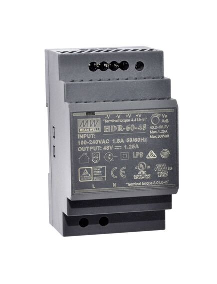 HDR-60-48, ac-dc, 60вт, вход 85...264 в ac 47...63гц/120...370в dc, выход 48в/1.25а, изоляция 3000в ac, в кожухе на din-рейку, 52.5х90х54.5мм, -30...+70°с