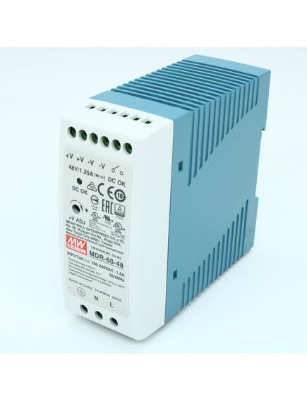 MDR-60-48, преобразователь ac-dc на din-рейку 60вт, выход 48в/0…1,25a, рег. вых 48…56в, вход 85…264v ac, 47…63гц /120…370в dc, изоляция 3000в ac, в кожухе 40х90х100мм, -20…+70°с