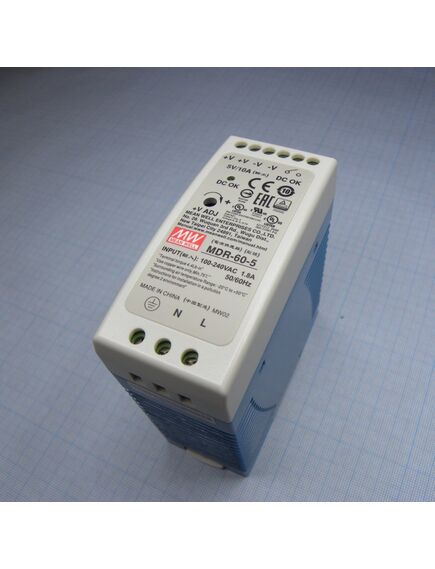 MDR-60-5, преобразователь ac-dc на din-рейку 50вт, выход 5в/0…10a, рег. вых 5…6в, вход 85…264v ac, 47…63гц /120…370в dc, изоляция 3000в ac, в кожухе 40х90х100мм, -20…+70°с