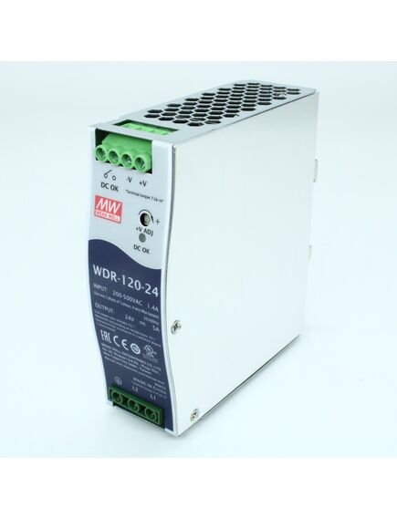 WDR-120-24, преобразователь ac-dc на din-рейку 120вт, выход 24в/0…5a, рег. вых=24…29в, вход 180…550v ac, 47…63гц /254…780v dc, изоляция 3000в ac, в кожухе 40х125.2х113,5мм, -25…+70°с