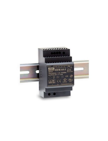 HDR-60-5, ac-dc, 54вт, вход 85...264 в ac 47...63гц/120...370в dc, выход 5в/6.5а, изоляция 3000в ac, в кожухе на din-рейку, 52.5х90х54.5мм, -30...+70°с