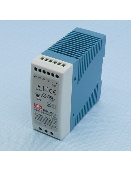 DRA-40-12, преобразователь ac-dc на din-рейку 40.08вт, выход 12в/3.34a, рег. вых 12…15в, димминг 3 в 1, вход 90...264в ac, 47...63гц, 127...370в dc, изоляция 3000в ac, на din рейку, 40х90х100 мм, -30...+70°с