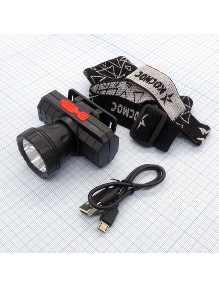 Фонарь аккум.налобный Космос KocAcHead3W, (лит.акк.3,7v1ah) 1св/д xpe 3w,180lm,ipx4,чёрн з/у micro usb