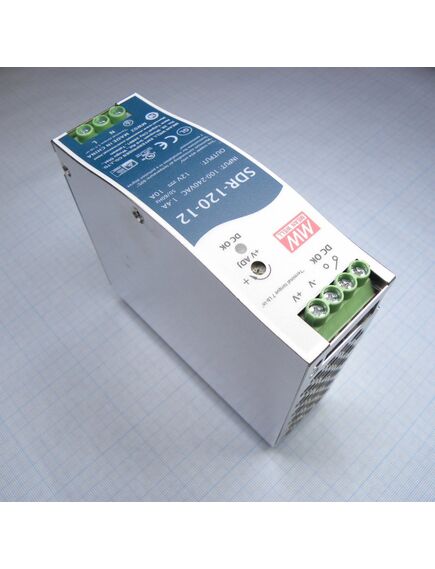 SDR-120-12, преобразователь ac-dc на din-рейку 120вт, выход 12в/10a (пиковый 15а), рег. вых 12...14в, вход 88…264v ac, 47…63гц /124…370в dc, изоляция 3000в ac, в кожухе 40х125,2х113,5мм, -25…+70°с
