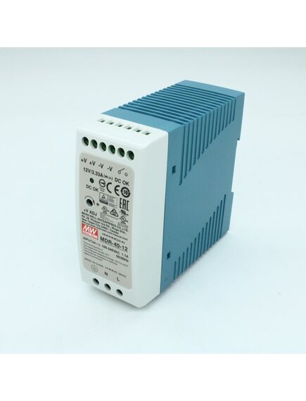 MDR-40-12, преобразователь ac-dc на din-рейку 40вт, выход 12в/3,33a, рег. вых 12…15в, вход 85…264v ac, 47…63гц /120…370в dc, изоляция 3000в ac, в кожухе 40х90х100мм, -20…+70°с