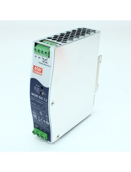 WDR-60-12, преобразователь ac-dc на din-рейку 60вт, выход 12в/0…5a, рег. вых=12…15в, вход 180…550v ac, 47…63гц /254…780v dc, изоляция 3000в ac, в кожухе 32х125.2х102мм, -30…+85°с